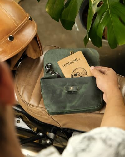 Image of Trip Machine Company Genuine Leather Motorcycle Front Handlebar Leather Bag | Moto Backrail Sidekick Pouch | Shoulder Bag | Fanny Pack (Forest Green)