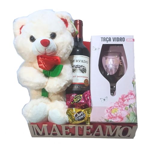 Cesta de Presente Mãe Te Amo Com Urso Taça E Vinho Dia Das Mães