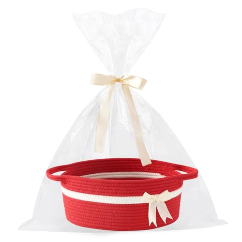 Image of Gift Baskets Empty, Small Woven Rope Storage Basket with Bow and Ribbons and Gift Wrap, Bowknot Decorative Gifts Basket with Handles, DIY Storage Organizer Basket for Wedding Graduation, Red