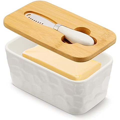 Porcelain Butter Dish, European Size Ceramic Butter Container with Wooden Lid, Double Silicone Seals Design Butter Box for Butter, Nuts, Cheese, 650ml Cover