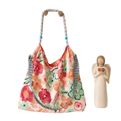 Bolsa de ombro floral, bolsa tiracolo casual com bolso interno, bolsa de viagem e compras de tecido macio de transporte multidirecional (vermelha)