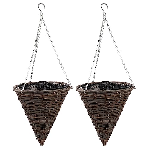 Eringogo 2 Pcs Hanging Planters, 10 Inches Cone Shaped Hanging Basket With Plastic Liner, Wicker Hanging Flower Pot, Indoor Outdoor Ceiling Plant Pots For Garden, Home #TOP11