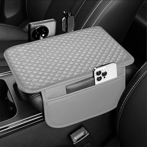 Image of Lyrovo PU Leather Car Armrest Cushion Pad With Side Pockets, Universal Fit for All Car (Grey)