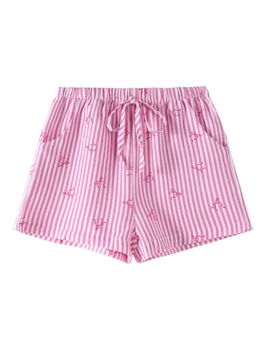 Ecolala Girls Striped Shorts Cute Bow Graphic Elastic High Waist Wide Leg Pants with Decorative Tie Pink 13-14 Years