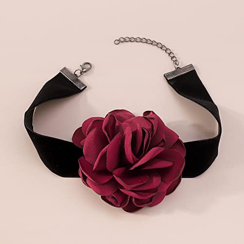 Zeshimb Boho Black Velvet Choker Necklace Red Flower Necklace 3D Rose Necklace Elastic Satin Collar Necklace Big Flower Exaggerated Necklace Jewelry For Women Girls Cosplay Necklace Gifts #TOP3