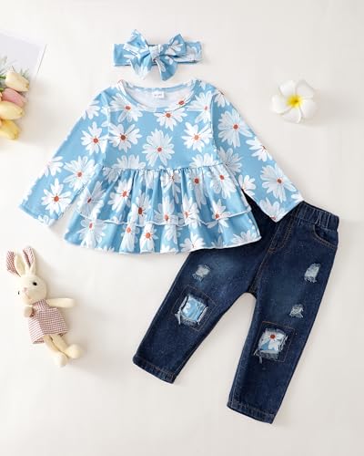 Image of Baby Girl Clothes Toddler Girls Winter Outfits Infant Clothing Ruffle Top Denim Pants Jeans Cute Fall Outfit Set