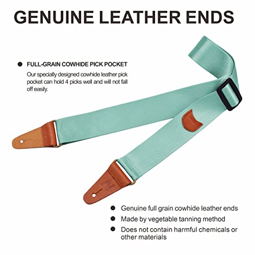 Guitar Strap With Pick Pocket, Vintage Nylon Full Grain Leather Ends Guitar Straps For Bass, Electric & Acoustic Guitar, Come With Free Strap Button, 1 Pair Strap Locks And 4 Guitar Picks (Light Green) #TOP1