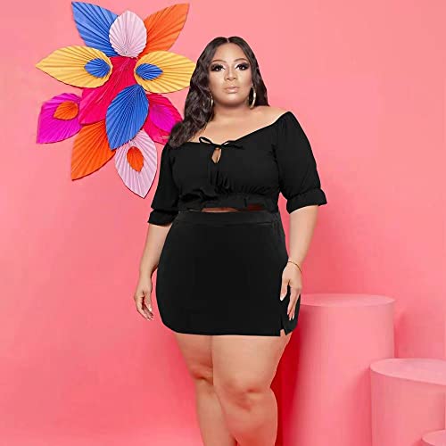 Image of Women Plus Size Skirt Two Piece Outfit Short Sleeve Off The Shoulder Crop Top shorts Dress Suit Set