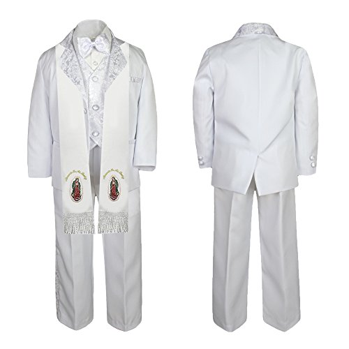 Image of Baby Boy Teen Christening White Paisley Suit Gold Guadalupe Mary on Stole SM-20