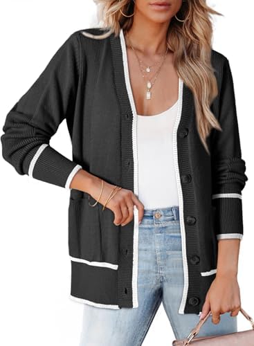 Dokotoo Short Cardigans for Women Color Blocked 2024 Fall Fashion Button Down Sweaters Winter Coats with Pockets