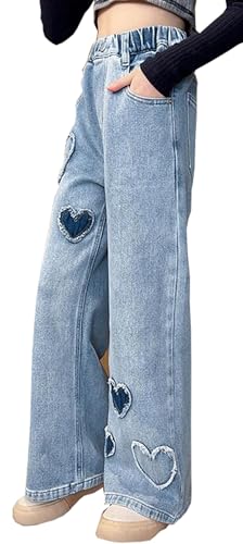 Girls Lovely Heart Pattern Printed Elastic Waist Pants Casual Denim EIDE-Leg Loose Jean Pants with Pockets2