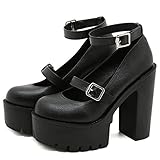 CYNLLIO Womens Platform Mary Jane Pumps Round Toe Chunky Heel Ankle Buckle Black Dress Shoes