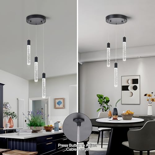 Image of 3 Light Pendant Lights,LED Bubble Crystal Pendant with Dimmable,Black