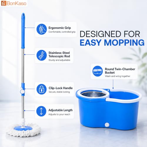 Image of Bonkaso 360 Spin Mop & Bucket Set with Stainless Steel Wringer, 45 Inch Mop Rod, Easy Drain Plug, 2 Microfiber Refills, Wet & Dry Floor Cleaning Mop for Home Kitchen Bathroom Office, Blue