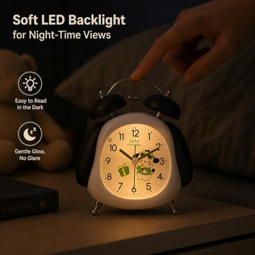Image of HOME SKILL Alarm Clock Cute Panda Twin Bell, Super Silent Non-Ticking Analog Clock with Backlight, Loud Alarm for Heavy Sleepers, Best for Kids Room, Decor, for Boys & Girls.