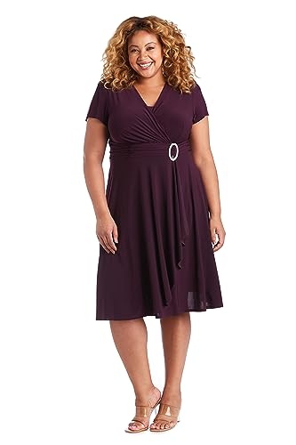 Image of R&M Richards Women's Cascade Wrap Dress with V-Neck & O-Ring Rhinestone Buckle, Work to Weekend Short Sleeve Flowy Silhouette