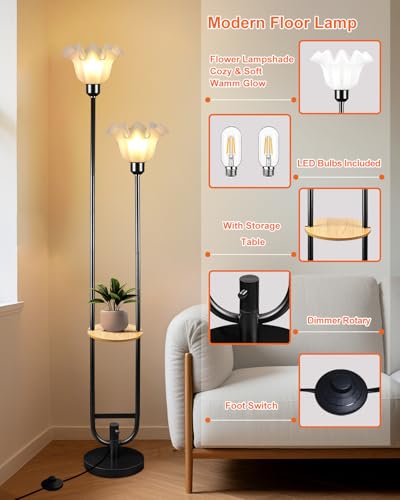 Image of 2-Light Flower Floor Lamp with Side Table, Dimmable Floor Lamp with 3000K Warm White Bulbs, Modern Black Metal Tall Standing Lamp for Living Room Bedroom Sofa Corner Home Decor