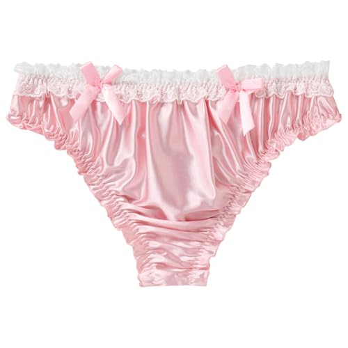 ABAFIP Men's Satin Frilly Lace Trim Sissy Bowknot Thong Panties Elastic Waist G-string Briefs Underwear