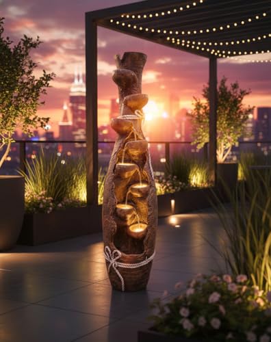 Image of Indoor Outdoor Water Fountain 45 INCH | Tall Vase Style 7-Tier Cascading Waterfall Fountain with LED Lights & Water Pump for Home, Garden & Office Decor