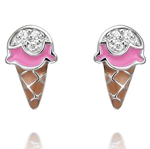 Limited Edition Solid 925 Sterling Silver LOVE TINY Cute pink Ice Cream Cone w/CZ Crystal Stud Earrings Hypoallergenic