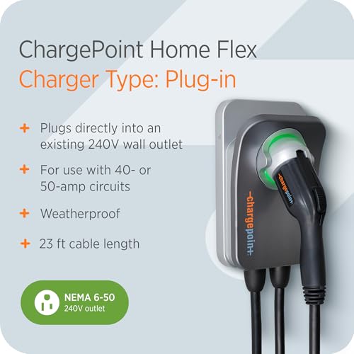 Image of ChargePoint HomeFlex Level 2 EV Charger J1772 - Fast Smart Battery Power Charging at Home for Electric Automobile Vehicles - NEMA 6-50 Plug for Electric Car