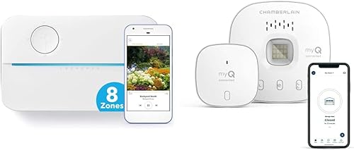 Rachio Controlador inteligente de 3 aspersores, 8 zonas de 3 generación y control de garaje inteligente Chamberlain - Hub de garaje inalámbrico y