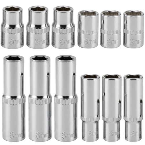 SELMAIDY 12 Pcs 8mm Deep & Shallow Socket Set 1/4-Inch & 3/8-Inch Drive 6-Point Impact Socket for Electric Wrenches Car Repair Mirror Chrome Finish