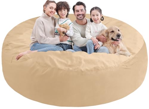 7FT Bean Bag Chair, Large Bean Bag Chairs with Memory Foam Filled, Fluffy Beanbag Sofa with Dutch Velvet Cover, Round BeanBag Chairs for Living Room, Playroom - Khaki