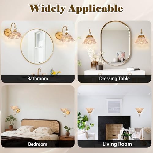 Image of 1 Piece Vintage Wall Sconce with Floral Amber Glass Shade, Matte Brass Finish Wall Sconce for Bathroom,Vintage Bathroom Vanity Light Fixture