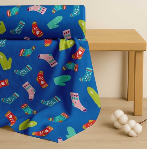 Image of Soimoi Blue Cotton Poplin Fabric Socks & Gloves Folk Art Print Sewing Fabric Meter 56 Inch Wide