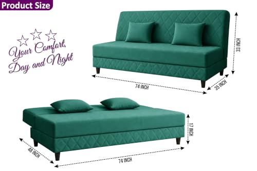 Image of Velvet Fabric Sofa Cum Bed | 3 Seater Sofa Bed | Premium Upholstered Folding Couch for Living Room, Guest Room & Bedroom | Quilted Backrest with 2 Cushions (Green)