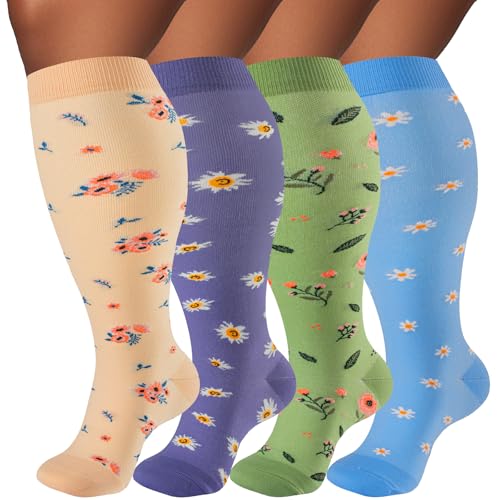 Image of Plus Size Compression Socks for Women & Men 4 Pairs, Wide Calf Extra Large 20-30 mmHg Knee High Support Socks for Travel, Running, Nurse