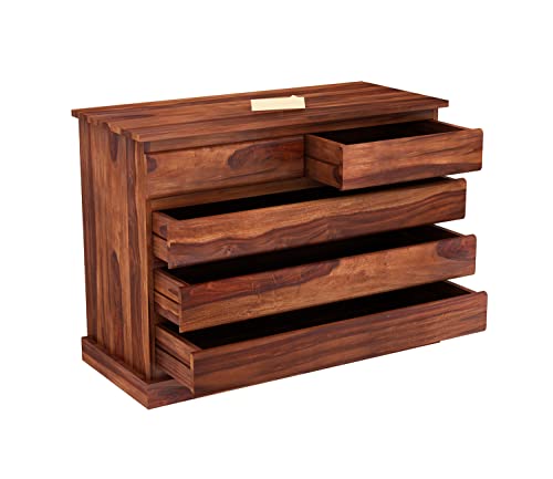 Image of Sheesham Wood Chest of Drawers 5 Drawers Wooden Dresser with Storage Organizer for Bedroom Living Room Home (Honey Finish)