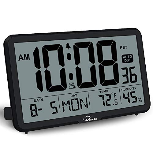 WallarGe Digital Wall Clock, Autoset Desk Clocks with Temperature, Humidity and Date, Battery
