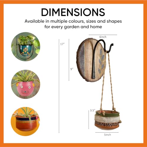 Image of AAKRITI ART CREATIONS Wall Hanging Planter with Hook | Jute Embellished Earthen Planter on Round Hook, Floral Art, Matte Finish | Wooden Decorative Hanging Pot for Indoor & Outdoor Home Decor