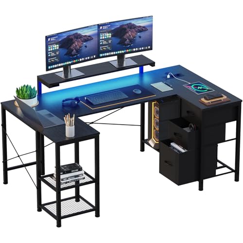 Devoko Scrivania Angolare 170x95 cm, Tavolo A L Da Gioco con 3 Cassetti, Illuminazione LED, Supporto Monitor, 2 Prese + 2 USB, Adatta per Ufficio/Studio, Ideale per Camere, Nera