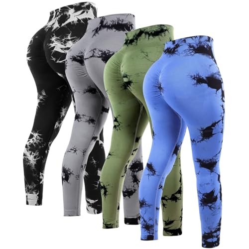 4 Pcs Womens Workout Leggings Tie Dye High Waisted Yoga Pants Seamless Scrunch Butt Lifting Compression Tights