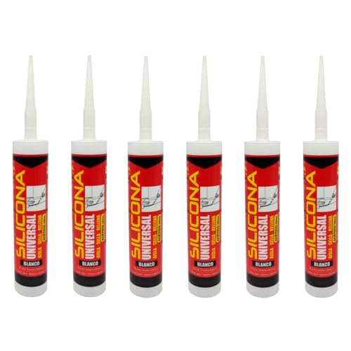 Tradineur - Pack de 6 botes de silicona universal en cartucho con cánula, sellador de juntas, rellenador, alicatados, cocina, baño, ventanas, bricolaje, fabricado en España (Blanco, 280 ml)