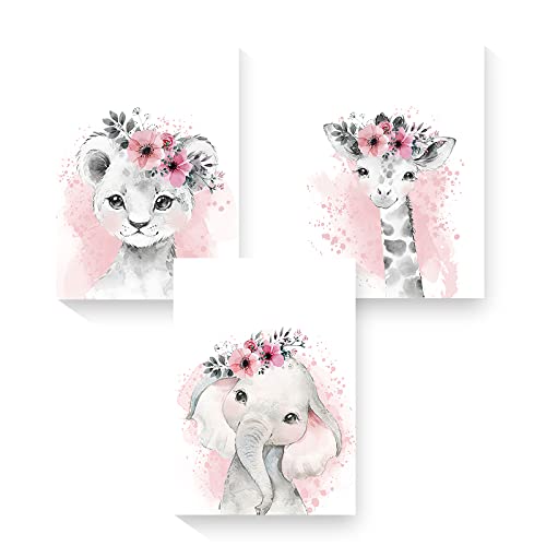 Image of 3pcs/set Kid Posters, Cute Animals Wall Art Kawaii Elephant Lion Giraffe Posters Floral Canvas Paintings Print Picture For Kids Room Nursery Decor Art(Kawaii Animals, 8"x12"x3pcs Unframed)