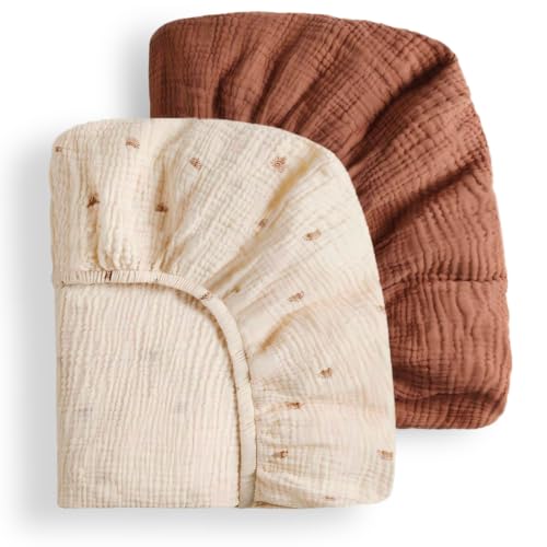 Image of Blissful Diary Muslin Crib Sheets, 2 Pack, Sunshine & Brown | fitted for 52''x28'' crib mattress, soft and breathable cotton, boho style, easy care for machine wash, gift for boy and girl