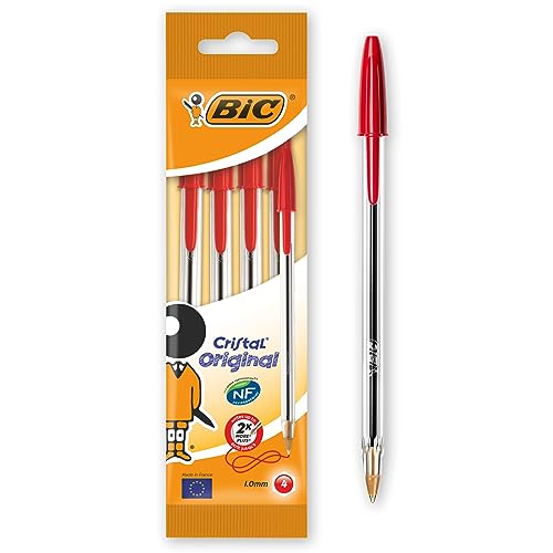 BIC Cristal Original Stylos-Bille Pointe Moyenne (1,0 mm) - Encre Rouge, Corps Translucide,...