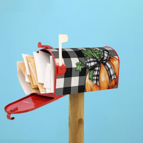Image of Fall Autumn Magnetic Mailbox Cover Orange Pumpkin Bowknot Buffalo Plaid Checkered Thanksgiving Mailbox Wrap Post Cover Standard Size 21x18 Inch for Garden Yard Outdoor Seasonal Decor