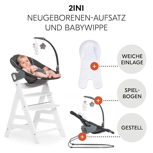 hauck Alpha+ Newborn Set Deluxe - Baby Holz Hochstuhl ab Geburt mit Liegefunktion - inkl. Aufsatz für Neugeborene & Sitzpolster - mitwachsend, verstellbar - Weiß