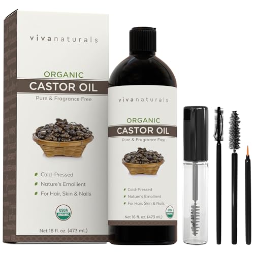 Viva Naturals Organic Castor Oil, Cold-Pressed, 16 fl oz – For Face, Hair, Eyelashes, USDA Organic, Non-GMO - With Beauty Kit
