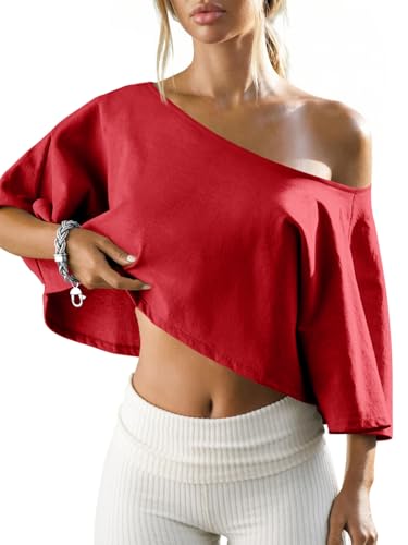 Fisoew Womens Off The Shoulder Cropped Tops Batwing Short Sleeve Workout Shirts Asymmetrical Neck Summer Casual Cotton T Shirts Red
