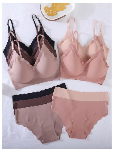 Image of BEAUDRM Women's 5 Pack Lingerie Sets Matching Bralettes Bra and Panty Sets | Seamless, No Show Bra, Wireless, Scallop Trim, Underwear