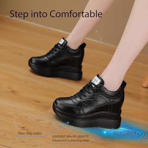 Image of AONEGOLD Platform Sneakers High Hidden Heel Sneakers for Women Wedge Leather Upper Fashion Lace up Increasing 3.94 inch