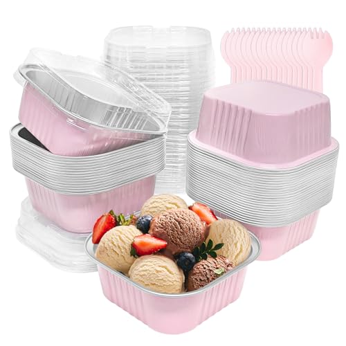 50 Pack 10 oz Mini Cake Pans With Lids,Aluminum Foil Square Baking Cups Disposable Cupcake Cups Baking Tins for Kitchen Brownie Pudding Desserts Muffin Ramekins Holders (Pink)