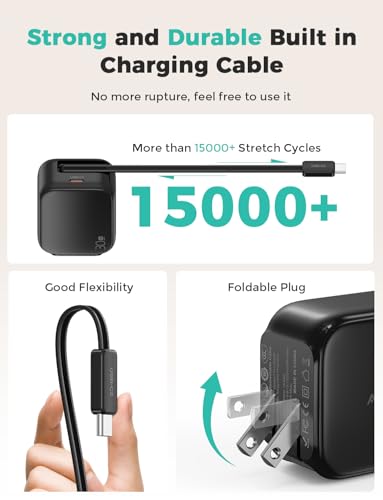 Image of 2-in-1 Retractable Wall Charger Plug with USB C Port and 27in /70cm Type C Cable,Travel Essentials 30W Fast Charging Foldable Block for iPhone 16 /15 /,iPad,Galaxy,Pixel-Black