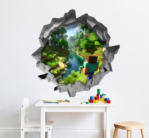 3D Hole in The Wall Block Game World Wall Decal Removable Fabric Wall Sticker Video Game Kids Bedroom Decor (24